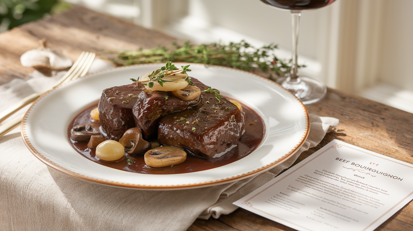 explore the authentic taste of france with our delightful beef bourguignon recipe. this classic dish combines tender beef, rich red wine, and aromatic herbs for a gourmet experience at home. perfect for any occasion, indulge in a culinary journey that showcases the essence of french cuisine.